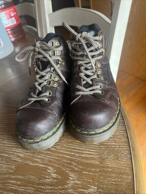 Dr. Martens Dark Brown Leather Lace-Up Boots with Yellow Stitching